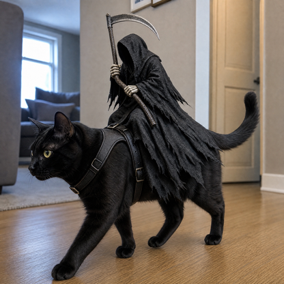 A black cat wearing a grim reaper costume, including a tattered black hooded robe and harness, riding a scythe while walking on a wooden floor in a home interior.