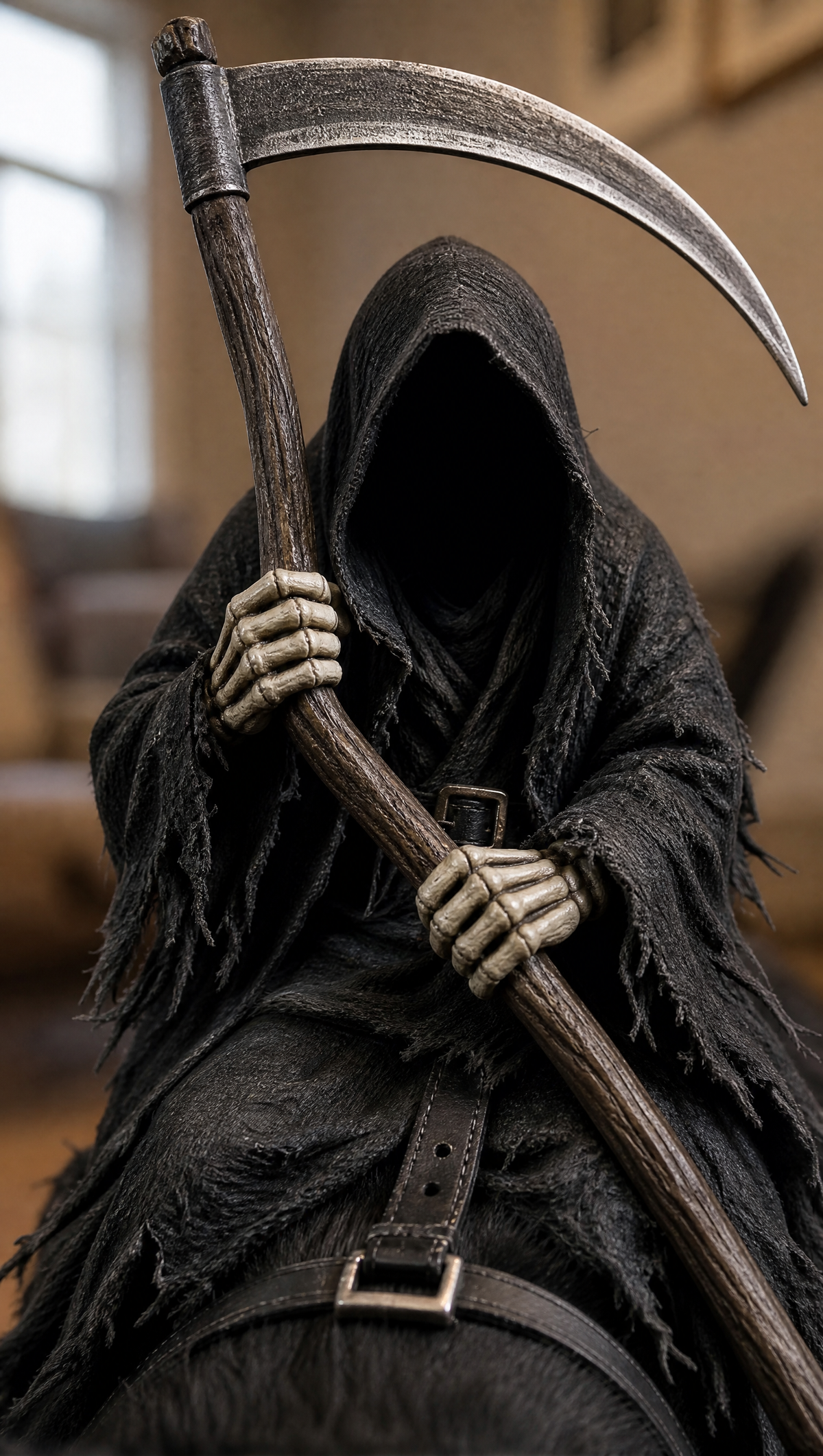 A grim reaper style hooded figure in a tattered black robe holding a large scythe, photographed indoors with a softly blurred warm-toned background.