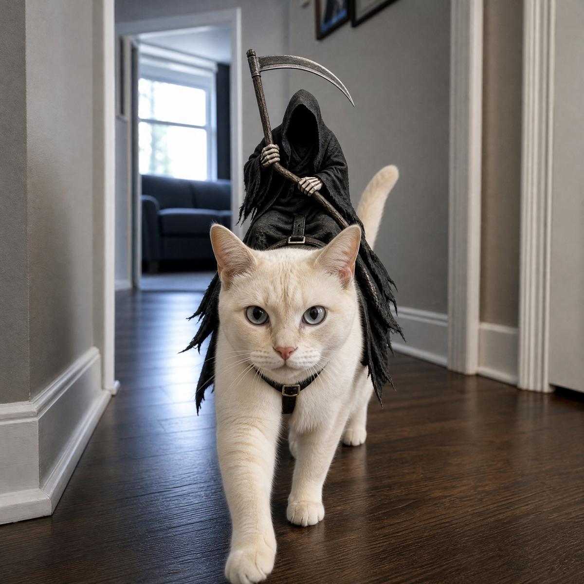 A pale cat wearing a Grim Reaper costume walks down a hallway. The costume includes a black hooded robe and a small scythe accessory held over the cat's back.