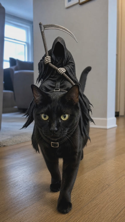 Black cat wearing Grim Rider reaper costume, front view walking toward camera